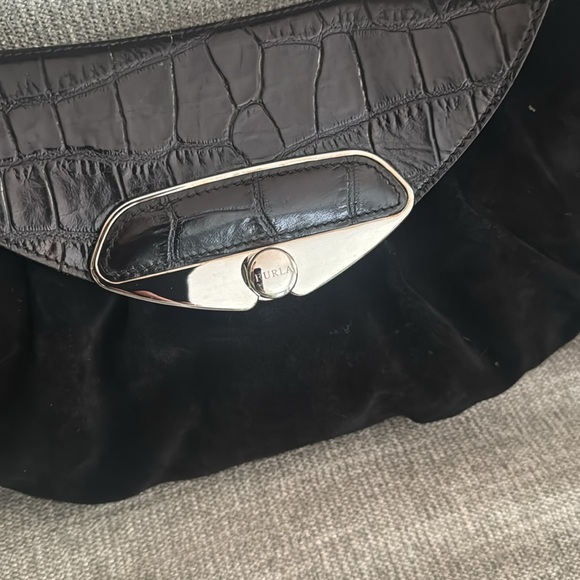 Vintage Furla Black Suede And Emboseed Crocodile Leather Shoulder Bag - Picture 2 of 14